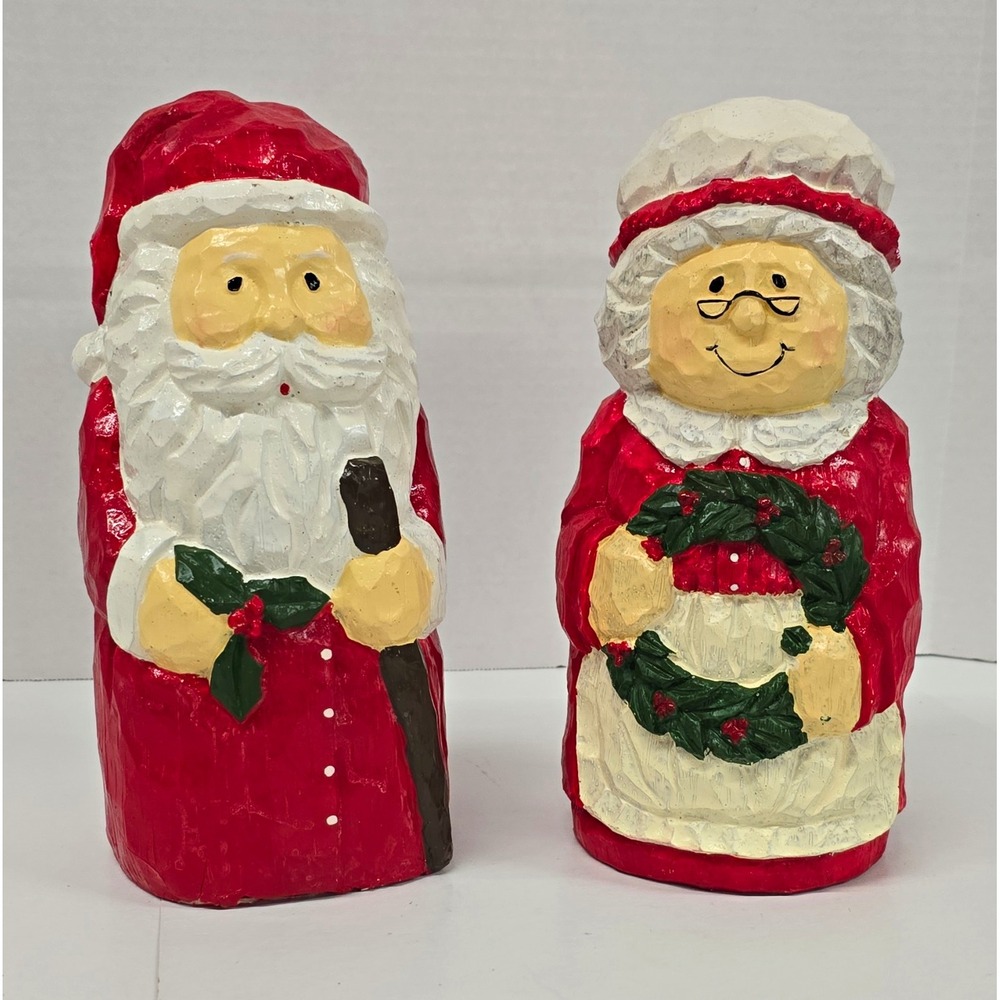 Hand Painted Wood Santa & Mrs. Claus Christmas Figurine Set, 2-Pack